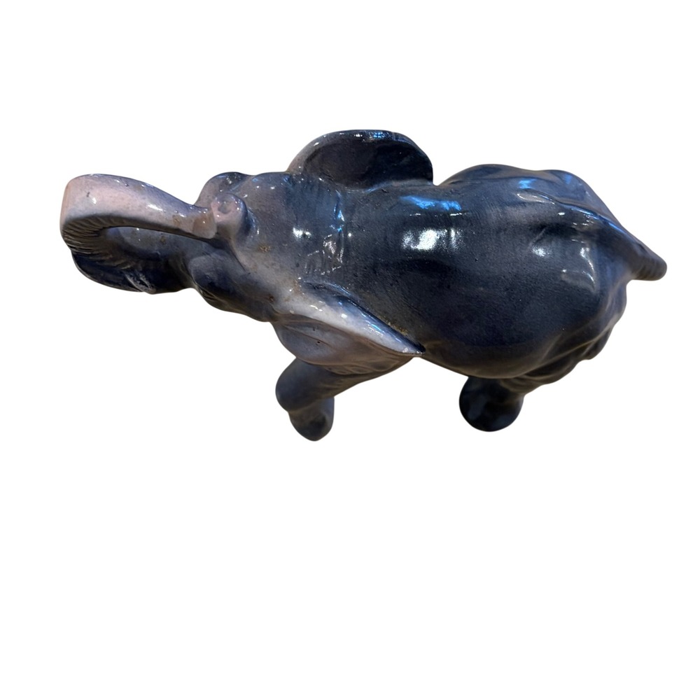 Vintage Blue Ceramic Elephant Figurine Trunk Up Good Luck Collectible Decor